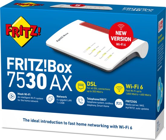 AVM FRITZ!Box 7530 AX - Router - Mesh - WiFi Versterker - Dual-Band - AX WiFi 6 - 600 + 1800 Mbps