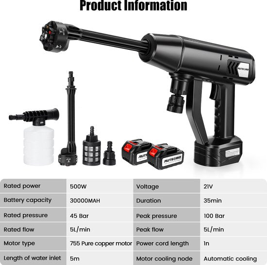 Accu Hogedrukreiniger - Draadloze Hogedrukspuit Auto Wasmachine Set - Complete Accessoires Inclusief 2x Accu