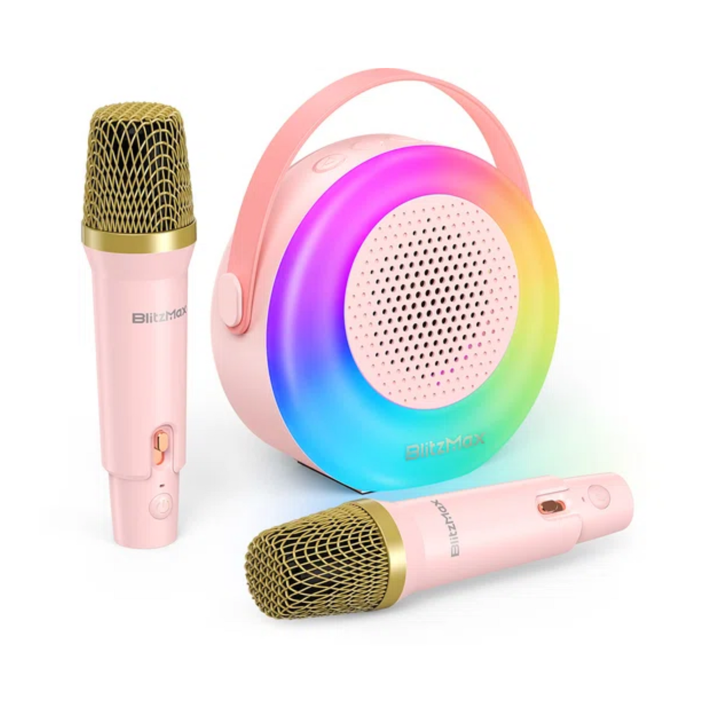 BlitzMax Karaoke-machine met 2 draadloze microfoons, Bluetooth-karaoke-luidspreker voor kinderen en volwassenen - Roze